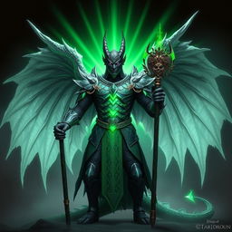 An imposing Emerald Dragonborn standing proudly, possessing noble white wings that add a majestic flair to his figure