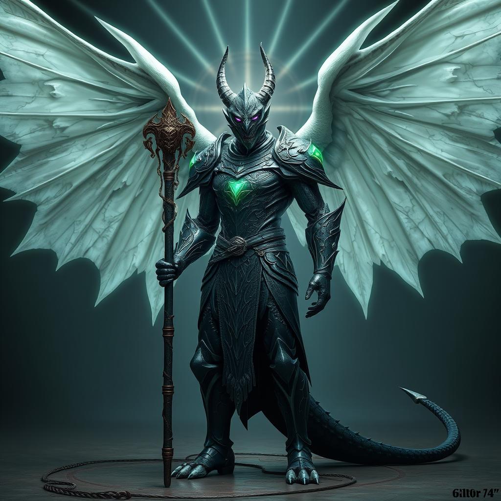 An imposing Emerald Dragonborn standing proudly, possessing noble white wings that add a majestic flair to his figure