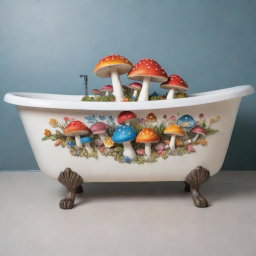 A claw foot bathtub detailed with cute, colorful mushrooms adorning its exterior.