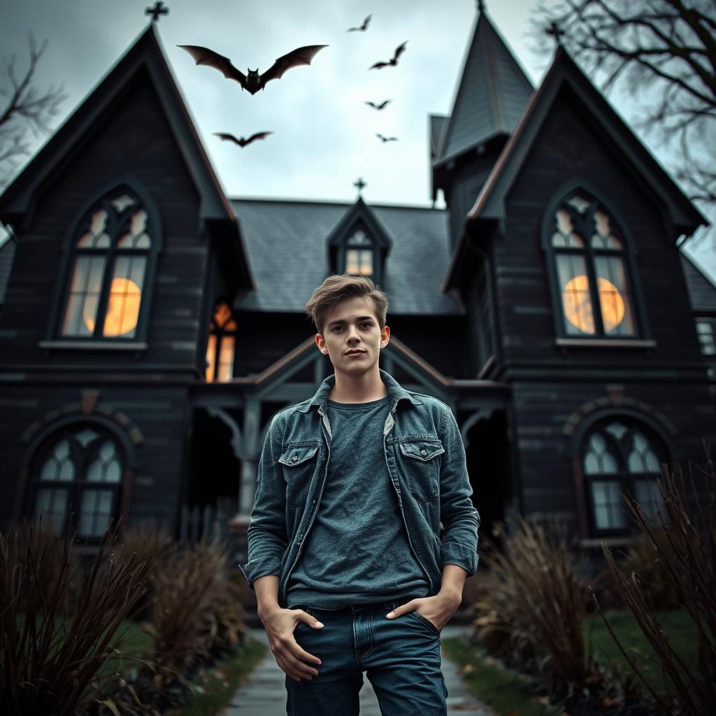 A young man is standing confidently in front of a slightly spooky house