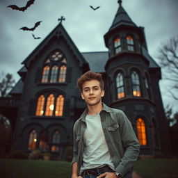 A young man is standing confidently in front of a slightly spooky house