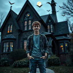 A young man is standing confidently in front of a slightly spooky house