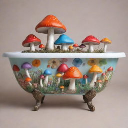 A claw foot bathtub detailed with cute, colorful mushrooms adorning its exterior.