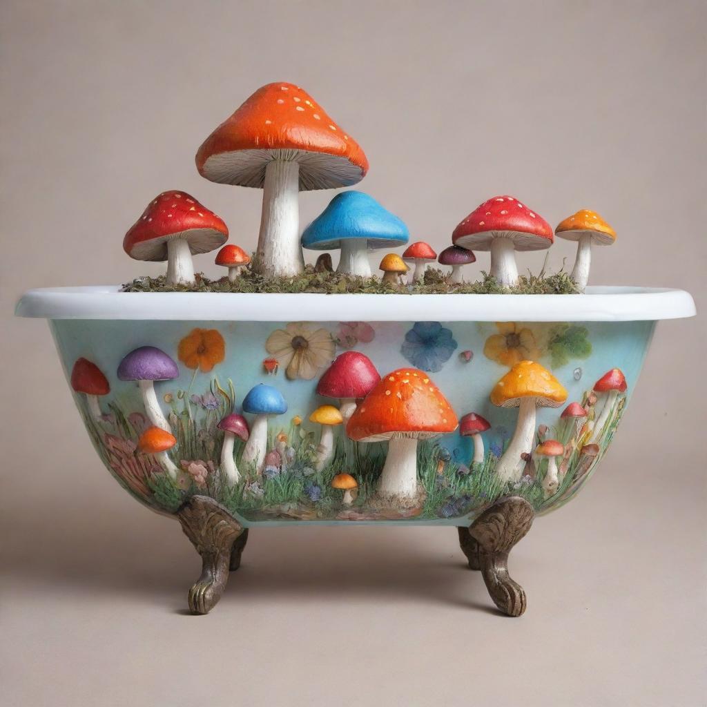 A claw foot bathtub detailed with cute, colorful mushrooms adorning its exterior.