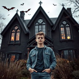 A young man is standing confidently in front of a slightly spooky house