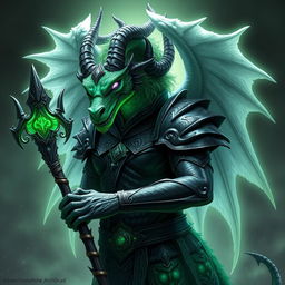 An impressive Emerald Dragonborn with his horns strikingly curled back, almost resembling flowing hair, which adds to his unique appearance