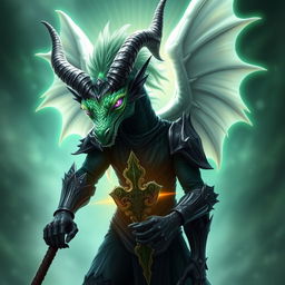 An impressive Emerald Dragonborn with his horns strikingly curled back, almost resembling flowing hair, which adds to his unique appearance