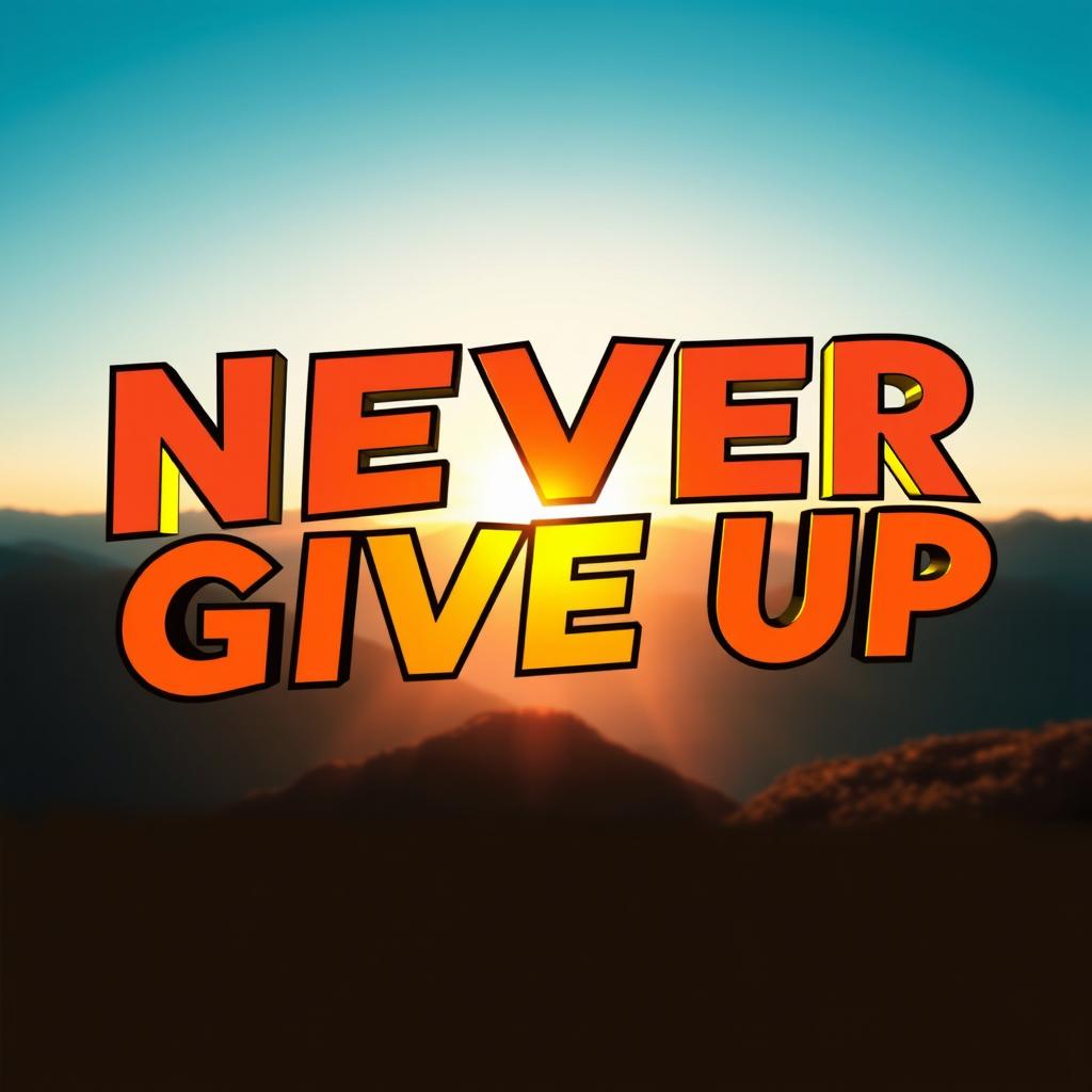 An inspiring scene depicting the phrase "Never Give Up" as a vibrant, powerful message written in bold, dynamic typography