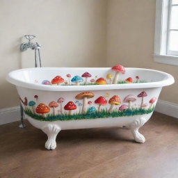 A claw foot bathtub detailed with cute, colorful mushrooms adorning its exterior.
