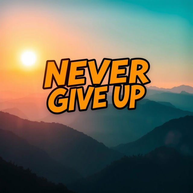 An inspiring scene depicting the phrase "Never Give Up" as a vibrant, powerful message written in bold, dynamic typography