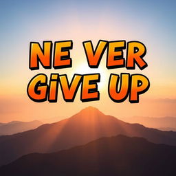 An inspiring scene depicting the phrase "Never Give Up" as a vibrant, powerful message written in bold, dynamic typography