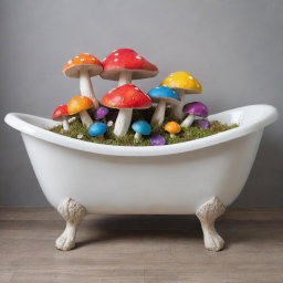 A claw foot bathtub detailed with cute, colorful mushrooms adorning its exterior.