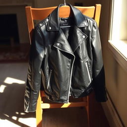 A stylish leather jacket draped over a wooden chair in a cozy room setting