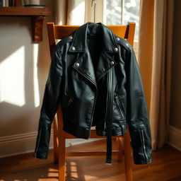 A stylish leather jacket draped over a wooden chair in a cozy room setting