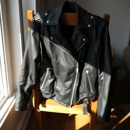 A stylish leather jacket draped over a wooden chair in a cozy room setting