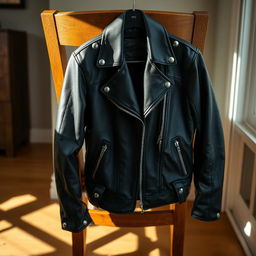 A stylish leather jacket draped over a wooden chair in a cozy room setting