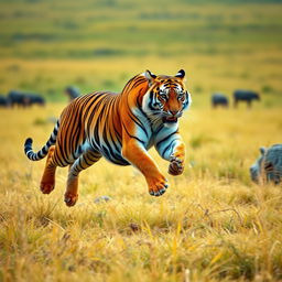 A majestic tiger in mid-sprint, showcasing its powerful muscles and grace in an open savannah landscape