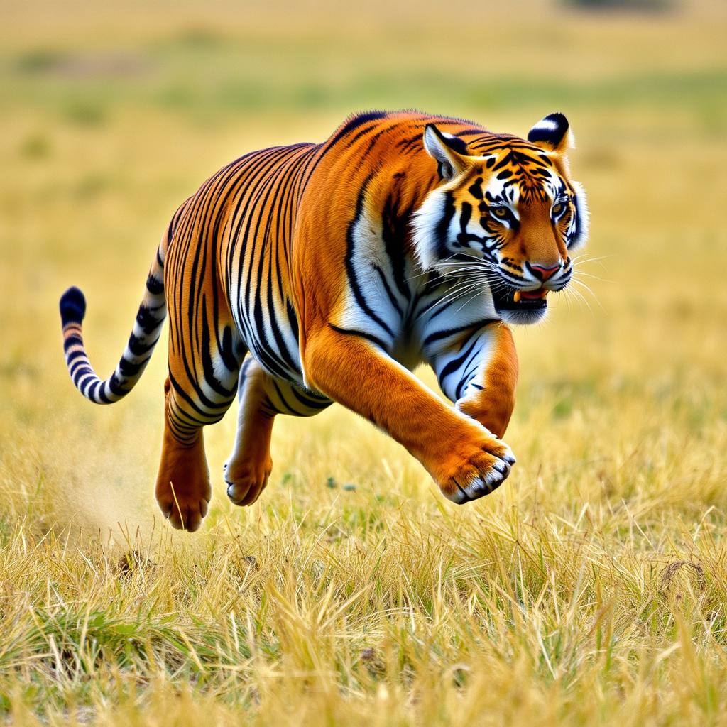 A majestic tiger in mid-sprint, showcasing its powerful muscles and grace in an open savannah landscape