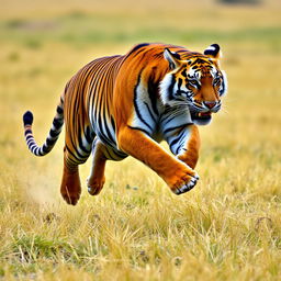 A majestic tiger in mid-sprint, showcasing its powerful muscles and grace in an open savannah landscape