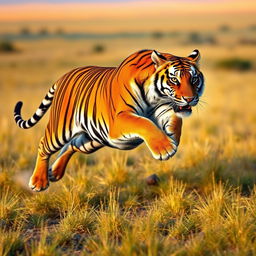 A majestic tiger in mid-sprint, showcasing its powerful muscles and grace in an open savannah landscape