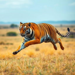 A majestic tiger in mid-sprint, showcasing its powerful muscles and grace in an open savannah landscape