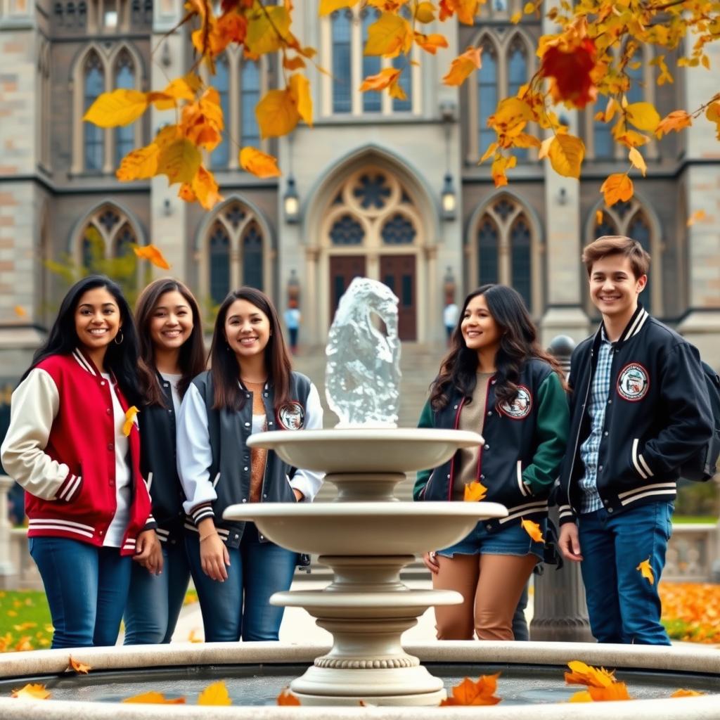 A group of college students wearing varsity jackets, standing in front of a university campus