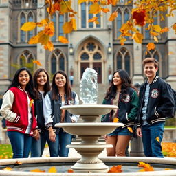 A group of college students wearing varsity jackets, standing in front of a university campus