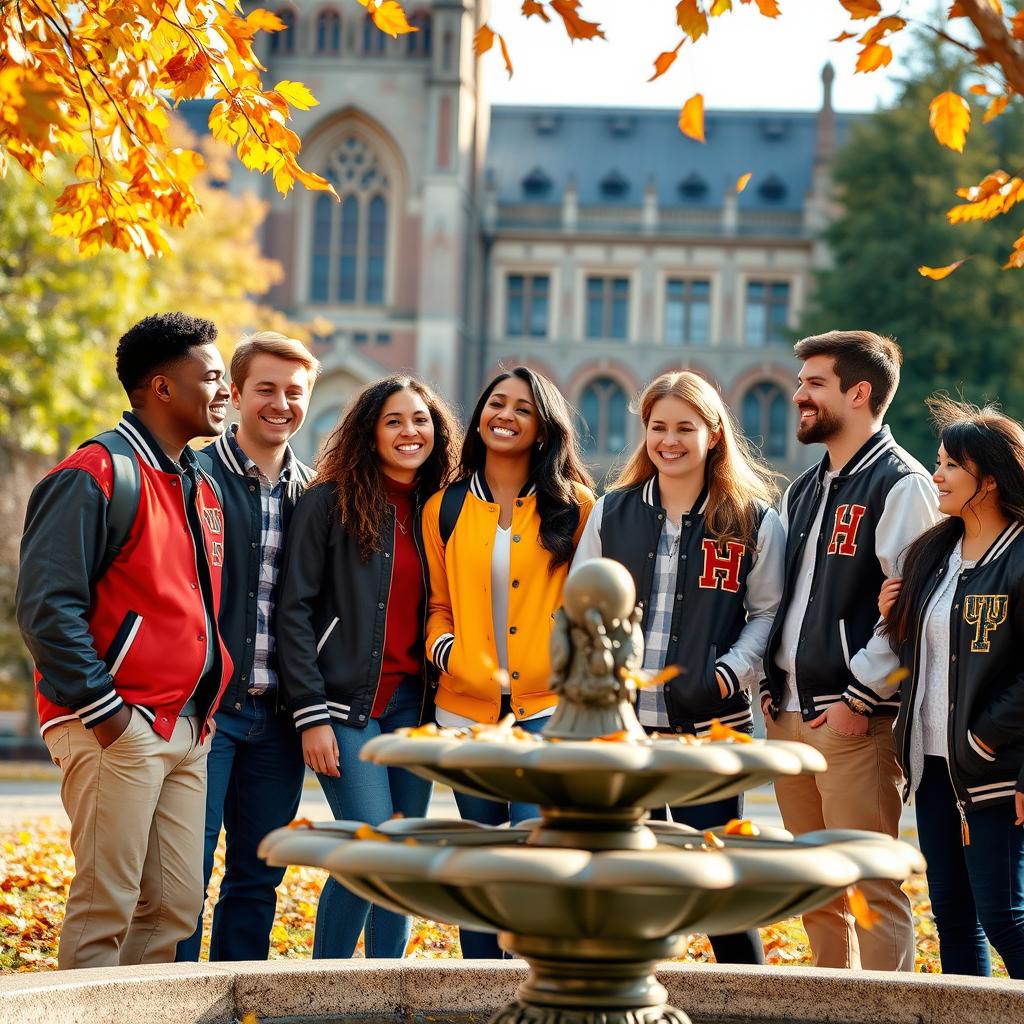 A group of college students wearing varsity jackets, standing in front of a university campus