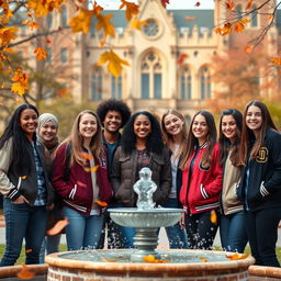 A group of college students wearing varsity jackets, standing in front of a university campus