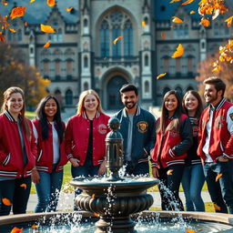 A group of college students wearing varsity jackets, standing in front of a university campus