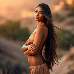 A beautiful Indian woman standing confidently, embracing her natural essence, her long flowing hair cascading down