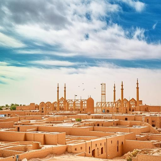 The ancient city of Yazd in the year 1200 Hijri solar, under a majestic sky adorned with white clouds, showcasing windcatchers and sand-colored architecture