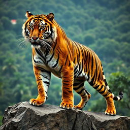 A powerful and athletic tiger, captured in a moment of dynamic motion, displaying its well-defined muscles and agility