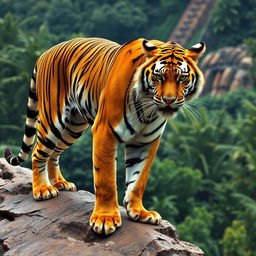 A powerful and athletic tiger, captured in a moment of dynamic motion, displaying its well-defined muscles and agility