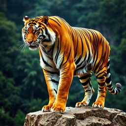 A powerful and athletic tiger, captured in a moment of dynamic motion, displaying its well-defined muscles and agility