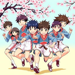 a vibrant and dynamic illustration of a traditional Japanese varsity team, showcasing young athletes in action