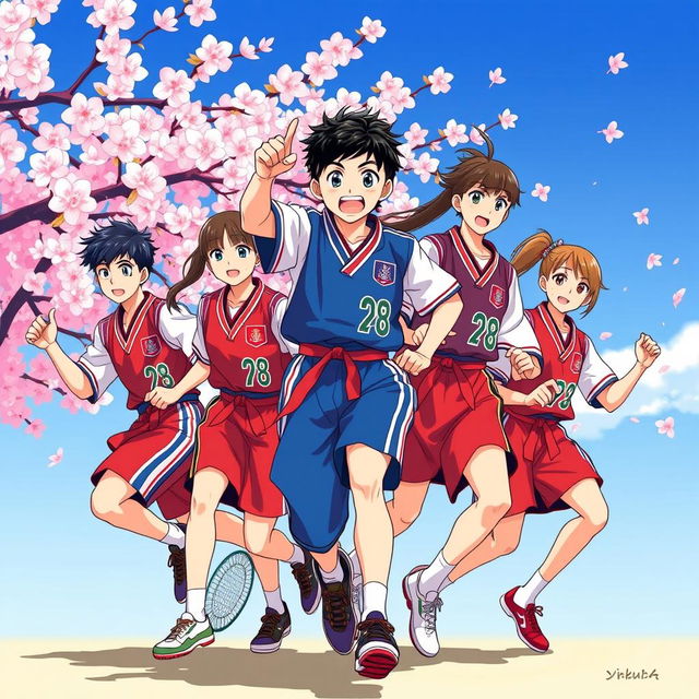 a vibrant and dynamic illustration of a traditional Japanese varsity team, showcasing young athletes in action