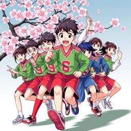 a vibrant and dynamic illustration of a traditional Japanese varsity team, showcasing young athletes in action