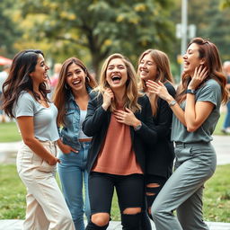 A playful and lighthearted scene depicting a group of women engaging in a fun and humorous pantsing moment