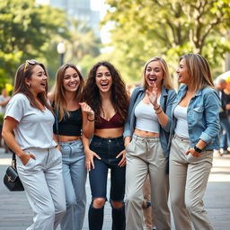 A playful and lighthearted scene depicting a group of women engaging in a fun and humorous pantsing moment