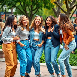 A playful and lighthearted scene depicting a group of women engaging in a fun and humorous pantsing moment