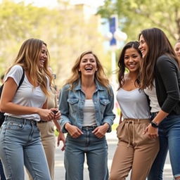 A playful and lighthearted scene depicting a group of women engaging in a fun and humorous pantsing moment