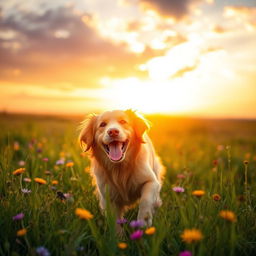 A golden retriever happily playing in a sunlit meadow, surrounded by colorful wildflowers