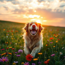 A golden retriever happily playing in a sunlit meadow, surrounded by colorful wildflowers