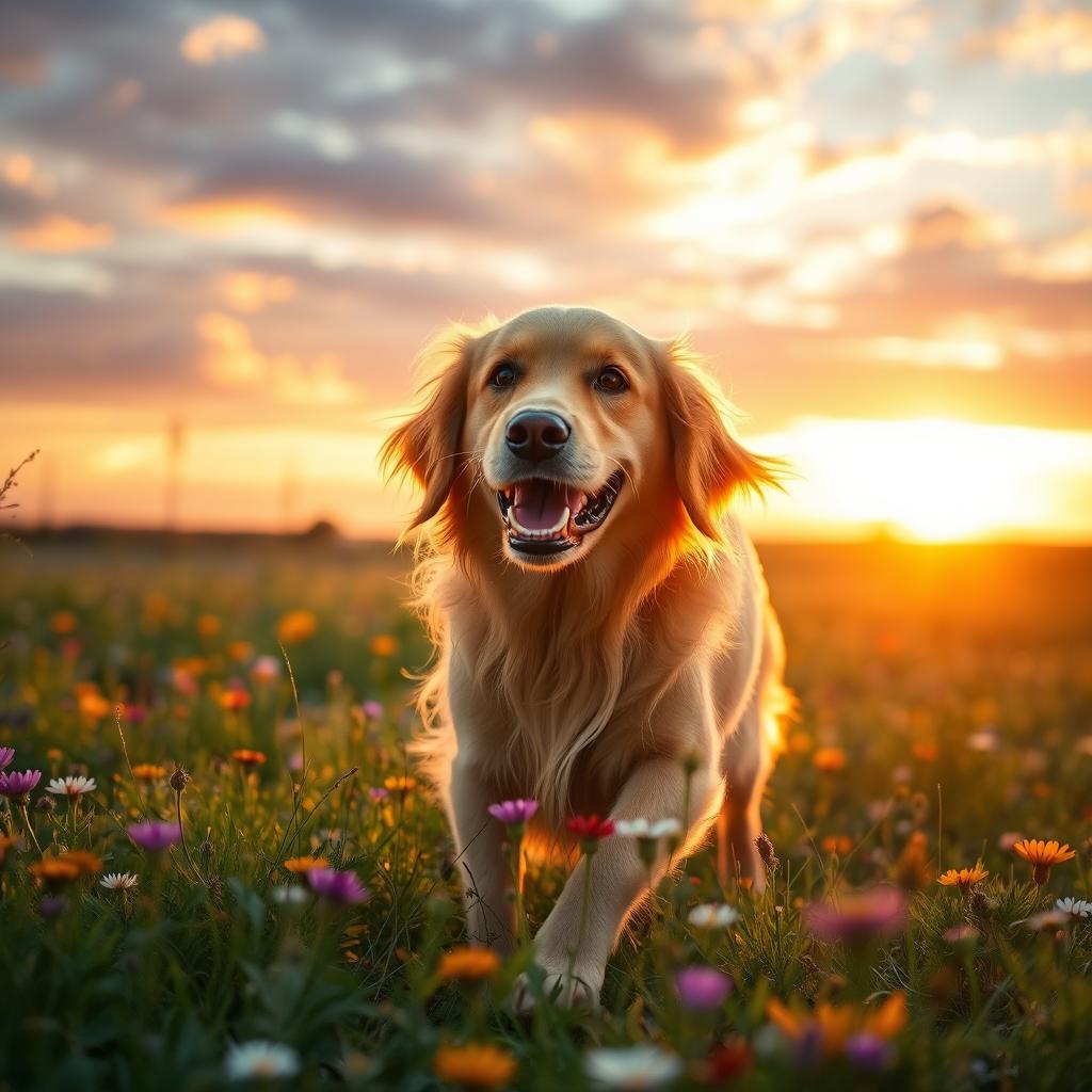 A golden retriever happily playing in a sunlit meadow, surrounded by colorful wildflowers