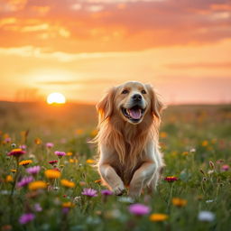 A golden retriever happily playing in a sunlit meadow, surrounded by colorful wildflowers