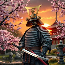 A powerful Shogun in traditional samurai armor, standing proudly in a serene Japanese garden