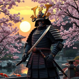 A powerful Shogun in traditional samurai armor, standing proudly in a serene Japanese garden