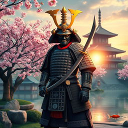 A powerful Shogun in traditional samurai armor, standing proudly in a serene Japanese garden