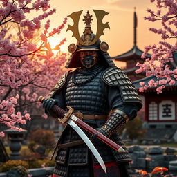 A powerful Shogun in traditional samurai armor, standing proudly in a serene Japanese garden